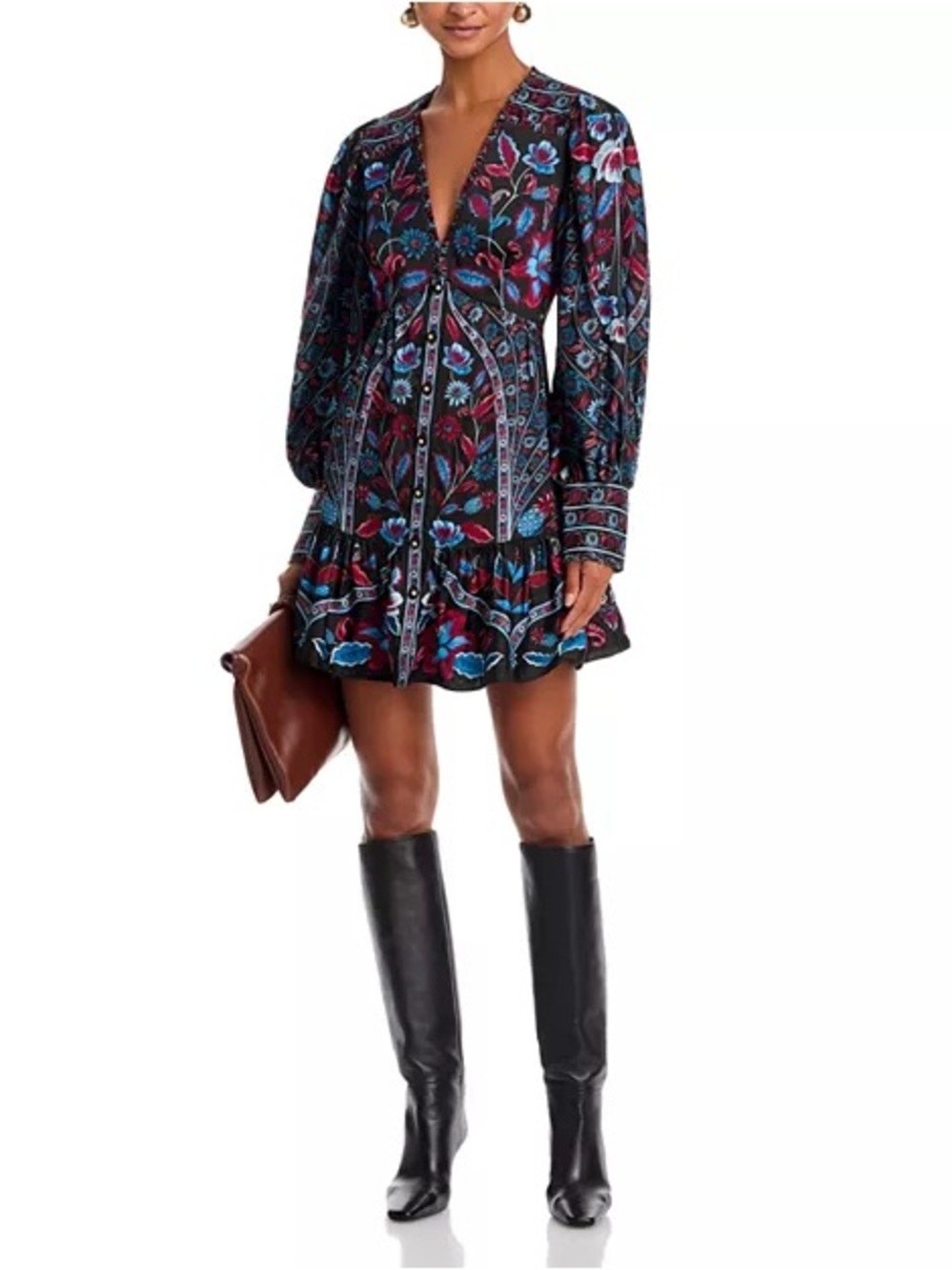 FARM Rio Marcelle Long Sleeve Mini Dress Floral Black Size M